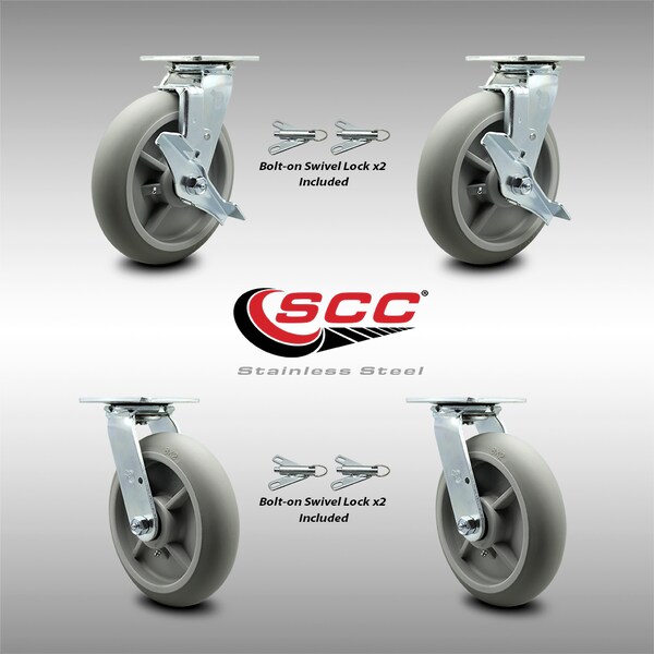 Service Caster 8 Inch SS Thermoplastic Caster Set with Roller Bearing 4 Swivel Lock 2 Brake SCC SCC-SS30S820-TPRRD-TLB-BSL-2-BSL-2 - main